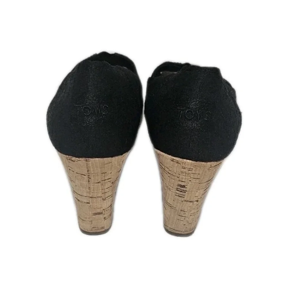 TOMS Stella Women's Black Peep Toe Cork Wedge Pump Shoes Size 9.5 Preppy Classic